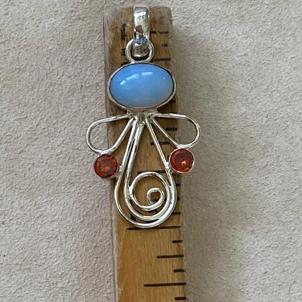 Handcrafted Silver Opaline Cabochon and Faceted Orange Topaz Stone Angel Pendant - Picture 7 of 7